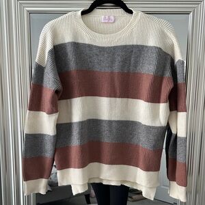 Pink Lily Striped Sweater in Cream, Gray, and Brown